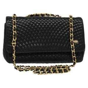 Authentic BALLY Chain Shoulder Bag Leather Black Gold